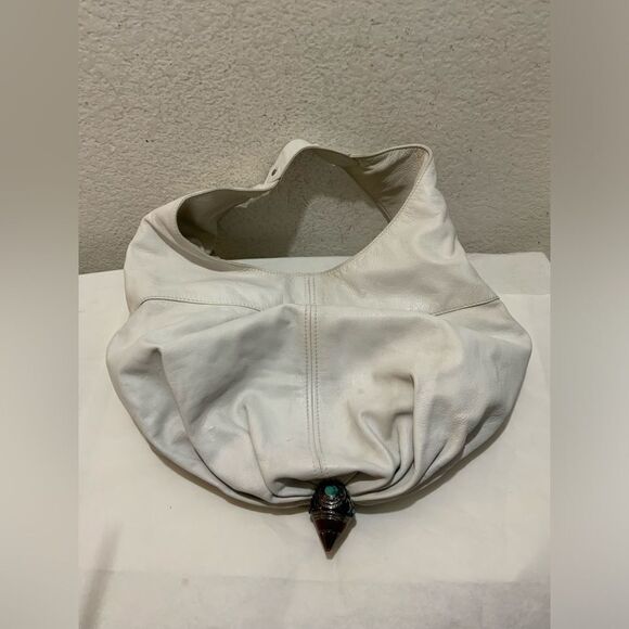 JIMMY CHOO HOBO SHOULDER BAG-LARGE-WHITE  LEATHER BOTTOM JEWELED ACCENT UNIQUE - Picture 1 of 16